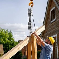 A worker lifting a heavy object using a pulley