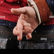 A child with crossed fingers behind their back, suggesting a lie