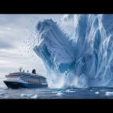 Large icebergs floating in open ocean.