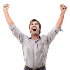 A person celebrating enthusiastically with raised arms