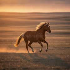 A horse moving at a gallop across an open field.