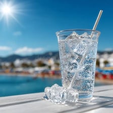 A cold drink served with visible ice cubes