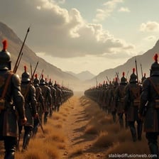 Two opposing groups facing each other on a battlefield.