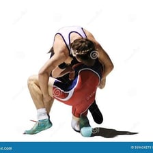 Two athletes grappling in a wrestling match