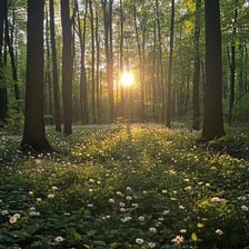 A sunlit clearing surrounded by trees in a forest