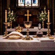 A ceremonial chalice placed on a church altar.