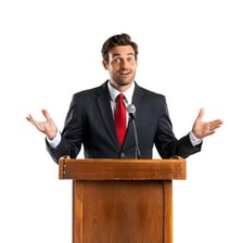 A person delivering a formal speech from a podium