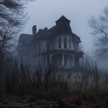 An abandoned house surrounded by fog, creating an eerie atmosphere.