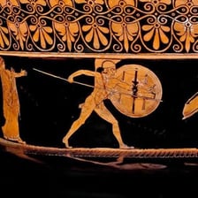 A classical depiction of Achilles as an armed Greek warrior.