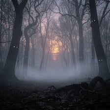 A misty forest scene with an eerie, supernatural atmosphere