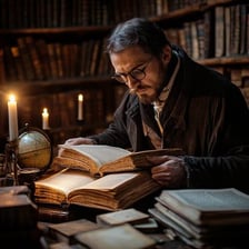 A scholar studying in a library.