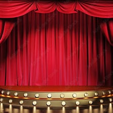 An empty theatre stage framed by curtains