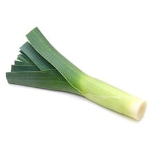 A fresh leek with its long white and green stem