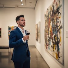A visitor looking appreciatively at a painting in an art gallery.