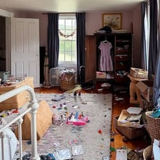 A cluttered room showing disorder and confusion