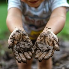 Hands visibly soiled with dirt and mud.