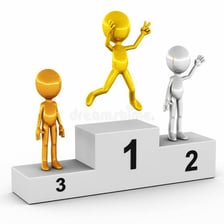 A first-place winner standing on the highest step of a podium.