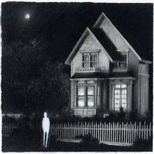 A ghostly figure appearing inside an old, shadowy house.