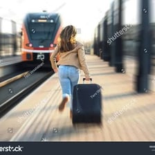 A person leaving a railway station with luggage