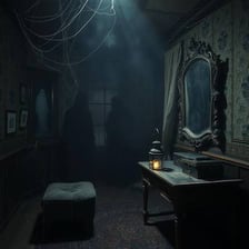 A dim, shadowy room with details difficult to see