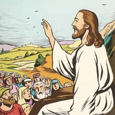 An illustrative scene of a robed prophet addressing listeners