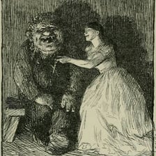 A storybook illustration depicting a large fairy-tale ogre