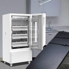 Refrigerated medical storage containing labelled blood and plasma supplies