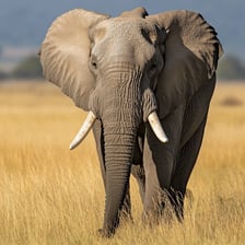 An African elephant standing in a savanna landscape.