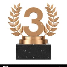 A bronze medal displayed beside a third-place podium position.