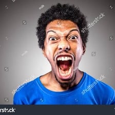 A person shown shouting loudly.