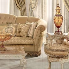 A traditional upholstered settee, a long seat for several people.