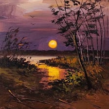 A landscape in which the evening light is fading