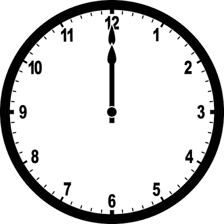 An analogue clock showing twelve o’clock at noon