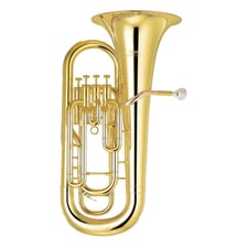 A brass tuba with its wide bell