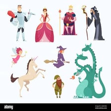 A whimsical, eccentric-looking character in a fairytale setting.