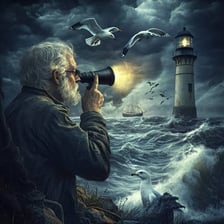 A person watching a distant scene through binoculars