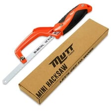 A handheld hacksaw with a narrow blade in a metal frame.