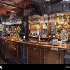 Interior of a traditional British pub with a bar.