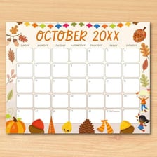 An October calendar page beside autumn leaves