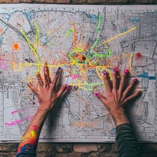 A map marked with routes and planning notes