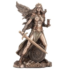 A classical statue representing Nemesis, the Greek goddess of retribution
