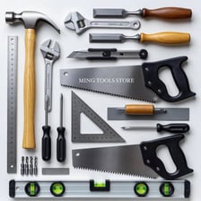 A collection of hand tools including a handsaw and a hammer.