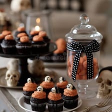 Small decorated cupcakes arranged for a party.