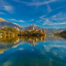 A Slovenian landscape showing Lake Bled and its island church