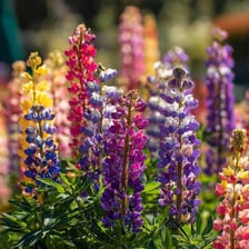 Colourful lupin flower spikes growing in a garden.