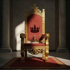 A crown resting on an empty royal throne.