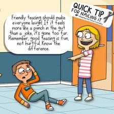 People enjoying a light-hearted conversation with playful teasing.