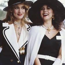 A visual scene representing fashion and consumer culture in the 1980s.