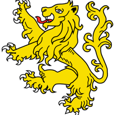 A heraldic lion shown rampant with its forelegs raised.