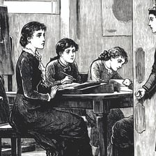 An illustration of a governess teaching children in a Victorian household.